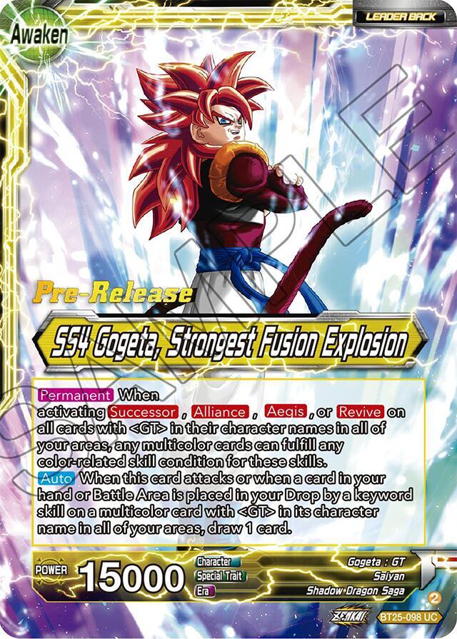 SS4 Son Goku & SS4 Vegeta // SS4 Gogeta, Strongest Fusion Explosion - Legend of the Dragon Balls Pre-Release Cards (BT25_PR)